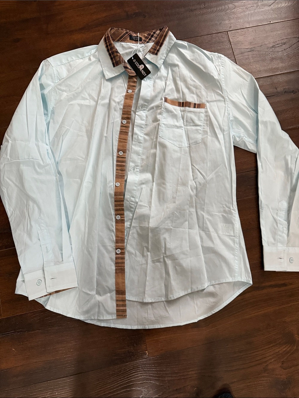 Light Blue Dress Shirt with Brown Trim - Casual Tailored